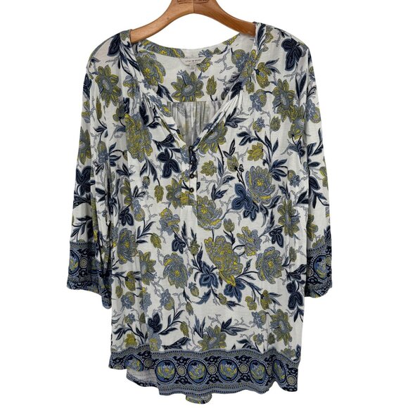 Lucky Brand Womens Floral Tunic Top size 2X plus Blue Yellow Bohemian Style - Picture 1 of 12